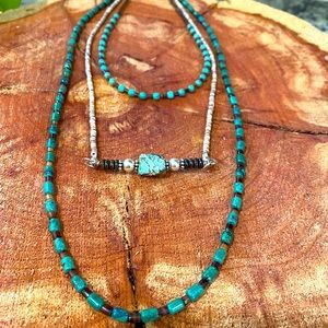 Turquoise, heishi bead, tortoise shell bead, and sterling necklaces